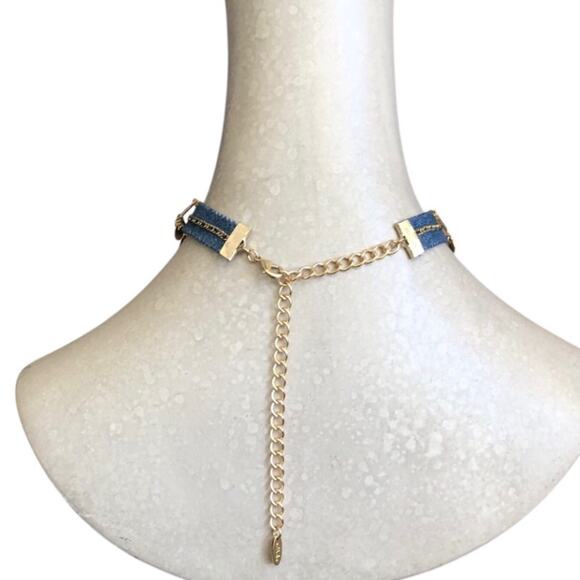 ettika NWT Denim And Gold Plated Brass Disc Chain Lobster Clasp Choker Necklace - Picture 7 of 10